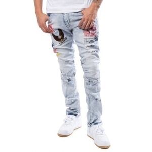 Reason Clothing Blue Acid Wash Patch Embroidered Elite Denim Skinny Jeans 32 NWT